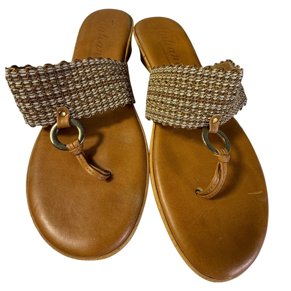 Italiana by Italian Shoemakers Barbyy Woven Wedge Thong Sandals Brown Gold Sz 9